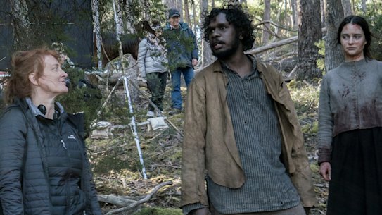 Jennifer Kent directs Baykali Ganambarr and Aisling Franciosi on the Tasmanian set of The Nightingale. 