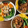 Noodle dishes are topped with your choice of pork, chicken or tofu, plus other toppings like braised greens and wonton skin.