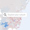 Map showing fertility rates across Sydney with “Explore your suburb” search box.