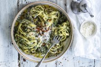 
Keep spinach in the freezer for stand-by meals like this spinach and walnut pesto pasta.