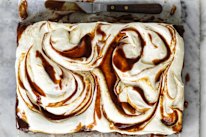 Helen Goh recipe:Â Banana tray cake with cream cheese icing and miso caramel. Photograph by William Meppem.