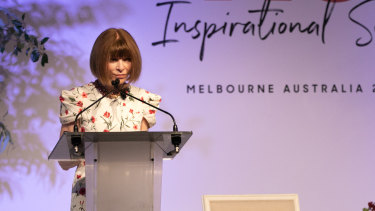 Fashion editor Anna Wintour addresses the 2019 Australian Open Inspirational Series Brunch in Melbourne on Thursday January 24, 2019. 