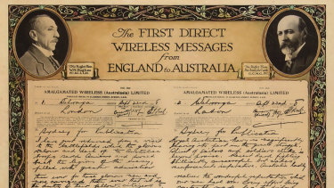 Commemorative certificate of PM Billy Hughes and Joseph Cook's first wireless message, 1918.
