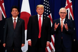 Malcolm Turnbull with President Donald Trump and Shinzo Abe at the ASEAN summit in Manila, Philippines on November 13, 2017. 