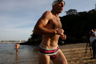 Former prime minister Tony Abbott wearing briefs for an ocean swim in 2010.  