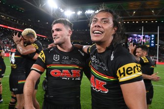 Nathan Cleary celebrates with Jarome Luai after the grand final win.