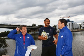 John Muggleton (left), with Will Skelton, and Jeremy Paul at a Rams launch in 2016.