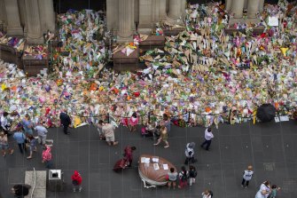 The makeshift floral tribute to the Bourke Street victims on January 30, 2017.