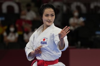 Kiyou Shimizu of Japan competes in the elimination round of the womenâs kata for Karate.