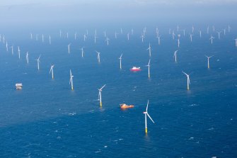 An offshore wind farm near Llandudno, a coastal town in North Wales, UK