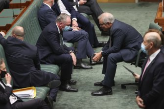Deputy Prime Minister Barnaby Joyce and Prime Minister Scott Morrison  during Question Time at Parliament House in Canberra on Thursday 21 October 2021. 