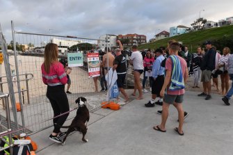 Locals gather as Bondi Beach is opened for swimming at 7am.