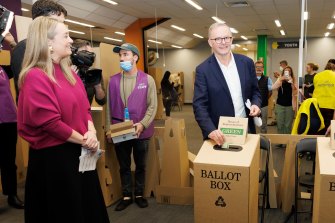 Prime Minister-elect Anthony Albanese casts his vote in Marrickville on Saturday.