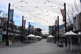 A deserted Liverpool mall in Sydney’s south-west on Saturday. 