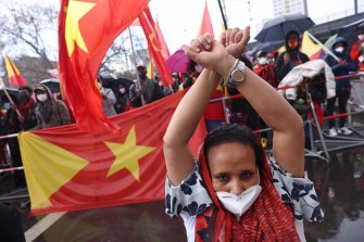 Protesters chant “Stop the genocide in Tigray!” during a demonstration against Ethiopia’s war against Tigray regional forces near the Chinese Embassy in Berlin, Germany, earlier this month. 