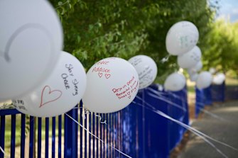 Tributes left at Hillcrest Primary School following the death of five children in a jumping castle accident. Image: Marta Pascual Juanola