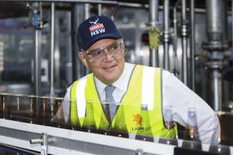 Scott Morrison is popping up everywhere: The PM at Tooheys Brewery in Lidcombe on Thursday.