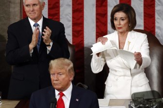 House Speaker Nancy Pelosi tears her copy of President Donald Trump's State of the Union address after he delivered it to a joint session of Congress on Capitol Hill in Washington on Tuesday.