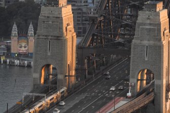 The Sydney Harbour Bridge with little traffic as seen from the Shangri-La Hotel during peak hour during coronavirus lockdown in April.