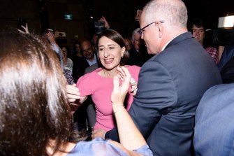 NSW's victorious Liberal Premier Gladys Berejiklian with Prime Minister Scott Morrison on election night.