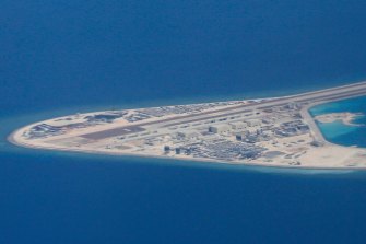 An airstrip, structures and buildings on China’s man-made Subi Reef in the Spratly chain of islands in the South China Sea.