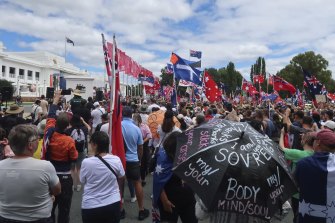 The ‘Convoy to Canberra’ protest at the front of Old Parliament House in Canberra on Saturday.
