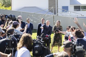 Anthony Albanese holds a press conference in the backyard on the NSW Central Coast.