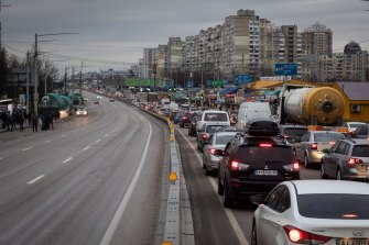 Truck drivers and residents seeking to leave the capital in a traffic jam in Kyiv in February. 