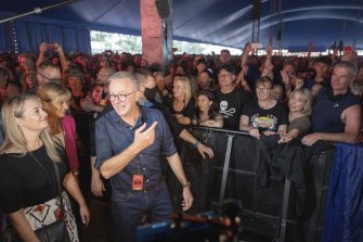 Opposition Leader Anthony Albanese and partner Jodie Haydon during a visit to the Byron Bay Bluesfest in Byron Bay, NSW, on April 17. 