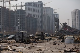 The site of a rocket explosion where a large shopping centre complex used to be in Kyiv, Ukraine. 