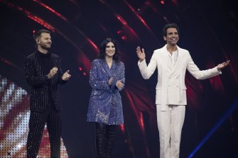 Eurovision hosts Mika, Laura Pauosini and Alessandro Cattelan.