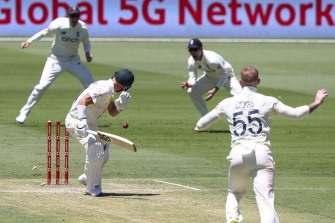 Australia’s David Warner is bowled off a no-ball by England’s Ben Stokes on the second day of the first Test.
