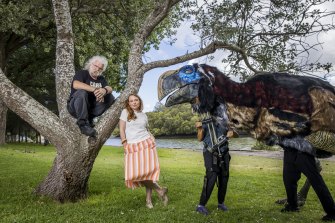 Sydney Festival director Olivia Ansell and erth artistic director Scott Wright with Thunderbird, a prehistoric megafauna puppet, at the festival’s launch in Marrickville.