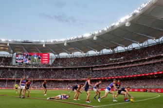 The crowd at Perthâ€™s Optus Stadium for the 2021 AFL grand final match. 