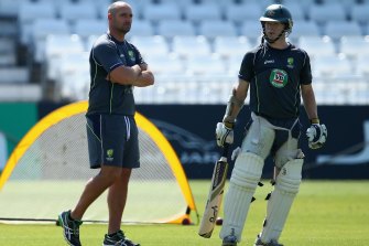 Michael Di Venuto with Chris Rogers during his first stint as Australia’s batting coach in 2013.