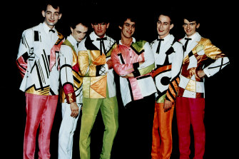 Split Enz in their True Colours suits, designed by Noel Crombie for the 1980 international breakthrough album which included the single I Got You by Neil Finn.
