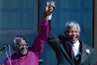 Archbishop Desmond Tutu in Cape Town in 1994 with Nelson Mandela.