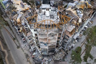 Destroyed structures in Irpin, Ukraine. The Kyiv suburb was heavily damaged in fighting between invading Russian forces and Ukrainian troops weeks ago.