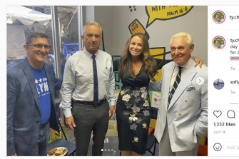 This photo posted on Instagram on July 18 shows Robert F. Kennedy jnr (second left) with former National Security Adviser Michael Flynn (left), anti-vaccine profiteer Charlene Bollinger and former Donald Trump ally Roger Stone (right). 