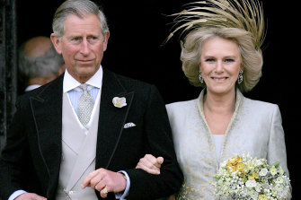 Britain’s Prince Charles and his bride Camilla, Duchess of Cornwall, leave St George’s Chapel in Windsor on April 9, 2005.