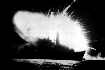 The British frigate HMS Antelope explodes in San Carlos Bay in the Falklands War in 1982.