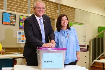 Prime Minister Scott Morrison and wife Jenny casting their votes during the 2019 federal election. 