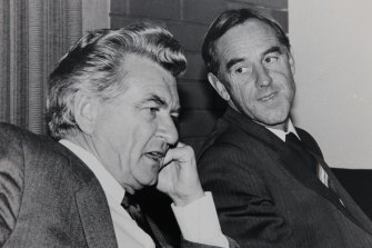 John Cain with Bob Hawke at the Labor state conference in Warrnambool in April 1983. 