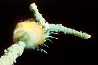 The space shuttle Challenger explodes shortly after lifting off from the Kennedy Space Centre on January 28, 1986.  All seven crew members died.