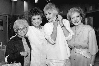 Actors from the television series "The " Golden Girls" stand together during a break in taping Dec. 25, 1985 in Hollywood. From left are, Estelle Getty, Rue McClanahan, Bea Arthur and Betty White.  