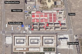 A satellite image shows a forced internment camp in the Xinjiang region of China. Experts say the Chinese government has detained up to 1.8 million Uighurs, ethnic Kazakhs and other Muslim minorities for what it calls "voluntary job training".