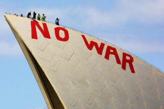 The No War slogan on the Sydney Opera House in 2003.