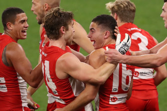 Swans players celebrate a goal against the Giants on Thursday night.