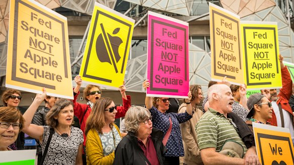 A protest against the proposed Apple store at Federation Square organised by Citizens for Melbourne.