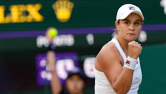 Ashleigh Barty celebrates winning a point against the Czech Republic’s Katerina Siniakova in the third round.